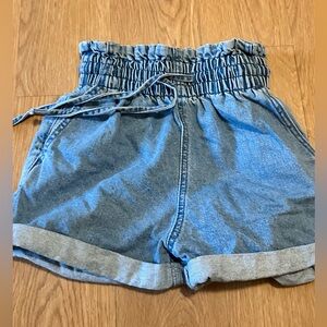 Forever 21 Blue High-Waisted Denim Shorts Jean shorts elastic waist, tie, pocket